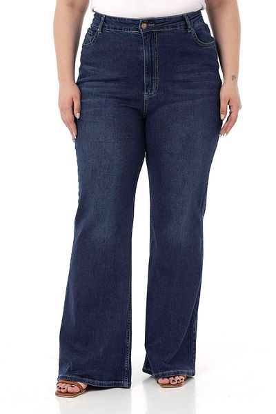 DISENTIS MODEST Large Size High Waist Spanish Leg Navy Blue Denim Trousers