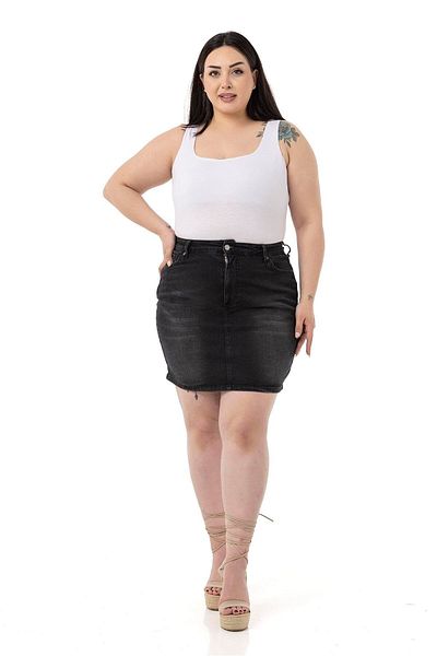 DISENTIS MODEST Large Size Black Mini Denim Skirt with Grinding Detail and Five Pockets
