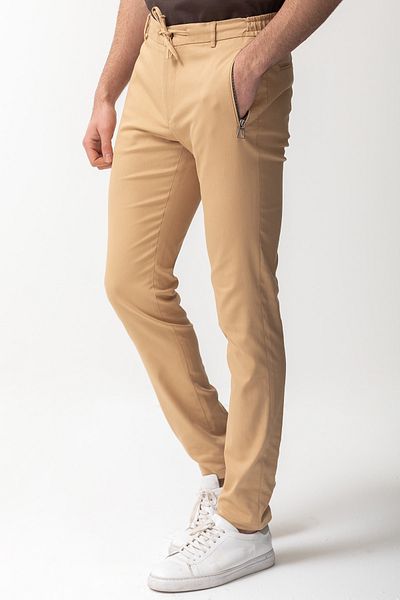Mcr Zippered Pocket Beige Color Super Slim Fit Elastic Waist Drawstring Men's Trousers