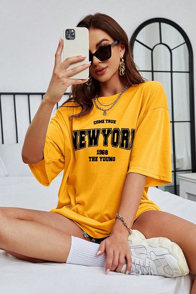 MODAGEN Μπλουζάκι Unisex Yellow Crew Neck New York Printed Oversize T-shirt