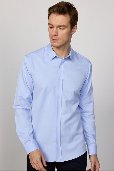 Tudors Cămașă albastră pentru bărbați, din bumbac, cu mânecă lungă, slim fit, ușor de călcat Dobby