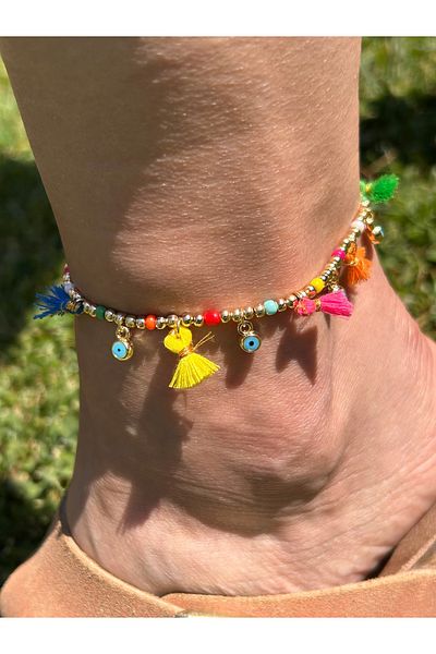 ByMerve Bym328 Elegant Stylish Women's Bohemian Ethnic Colorful Tassel Gold Bead Anklet