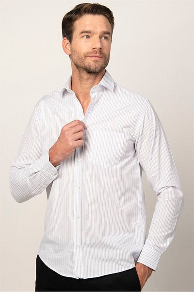 Tudors Cămașă albă pentru bărbați, cu mâneci lungi, cu mâneci lungi din bumbac, ușor de călcat, cu dungi