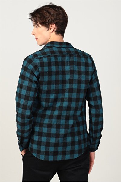 Tudors Cămașă Petrol pentru bărbați, slim fit, cu mânecă lungă, iarnă, cu model de tablă de șah