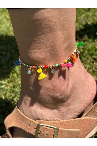 ByMerve Bym328 Elegant Stylish Women's Bohemian Ethnic Colorful Tassel Gold Bead Anklet