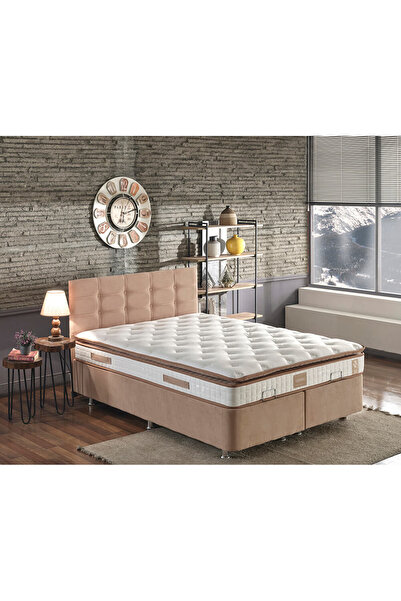 Niron Yatak Queen Çift Kişilik Pedli Yatak Seti - Sütlü Kahve Kumaş Metal Baz...