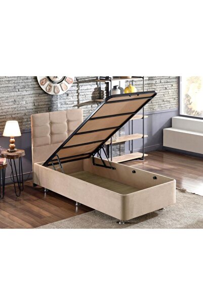 Niron Yatak Niron Polo Tek Kişilik Baza Ve Başlık Seti - Sütlü Kahve Kumaş, Metal Iskelet Baza Ve Başlığı