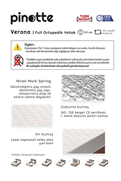 Pinotte Verona Yatak Tek Kişilik Full Ortopedik Sert Yatak, Nms Yaylı, Çift Taraflı, Dayanıklı Yatak