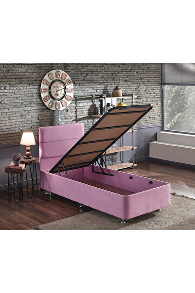 Niron Yatak Pinky Baza Ve Başlık - 100x200 Cm Tek Kişilik Sandıklı Pembe Kumaş Baza Ve Başlığı Silinebilir