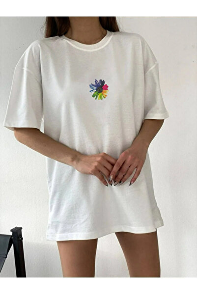 Renkli Çiçek Baskılı Oversıze Tshırt Bol Kesim Oversıze Tshirt