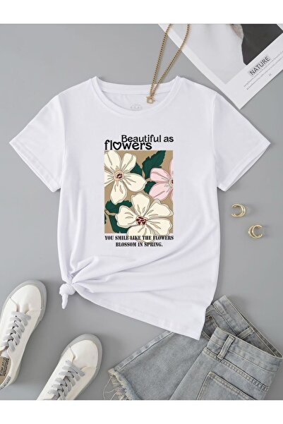 NOFLEN Біла oversize футболка з принтом квітів та вільним кроєм