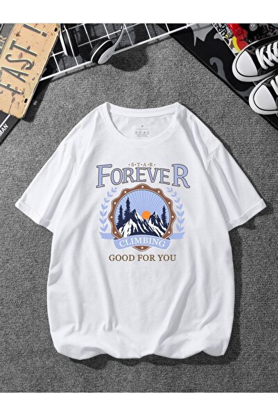 NOFLEN Bela prevelika majica sa otiskom "Forever Climbing" širokog kroja
