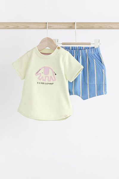 Next Baby Green Elephant Patterned 100% Cotton Short Sleeve T-Shirt and Shorts Set