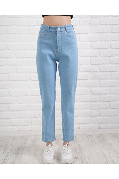 JILLY Piraye Blugi Mom Albastru Deschis Lycra Talie Înaltă Spălat Zăpadă Pantaloni Mom Denim Extra Confortabil