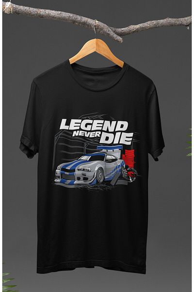 Fuddy Moda Μπλουζάκι με στάμπα Unisex Legend Never Die Nissan GTR Skyline R34, Μπλουζάκι με στάμπα με θέμα τον αγώνα αυτοκινήτου