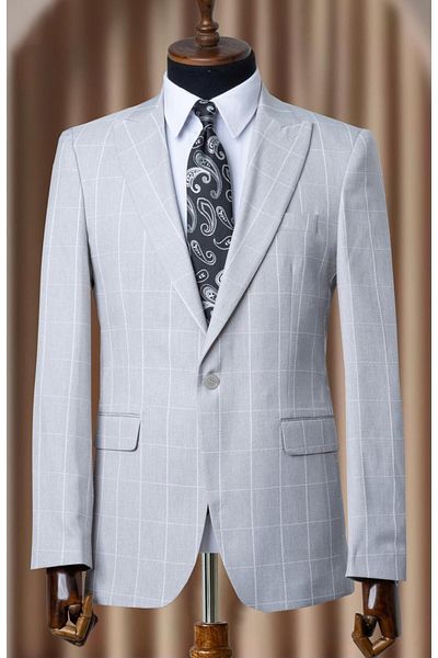 MODA DİNA Summer Fabric Gray Plaid Italian Style Lined Men's Blazer Jacket