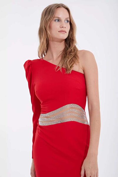 SAHARAMODA Fervente Kırmızı Özel Tasarım Tek Kol Abiye Gece Elbisesi