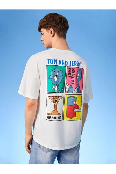AEMİ Ανδρικό μπλουζάκι Tom and Jerry Back Printed 100% Cotton Oversize Λευκό