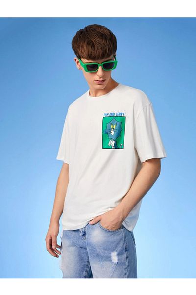 AEMİ Ανδρικό μπλουζάκι Tom and Jerry Back Printed 100% Cotton Oversize Λευκό