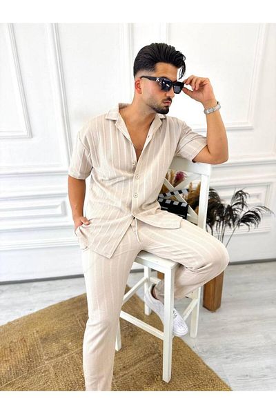 elkumoda Πουκάμισο Oversize 100% βαμβακερό ύφασμα κατά του ιδρώτα ιταλικό γιακά ριγέ κοντομάνικο πουκάμισο