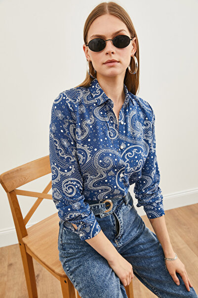 Olalook Dámská šátek námořnická modrá vzorovaná tkaná viskózová košile GML-19001204