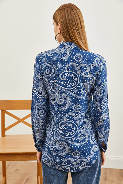 Olalook Dámská šátek námořnická modrá vzorovaná tkaná viskózová košile GML-19001204