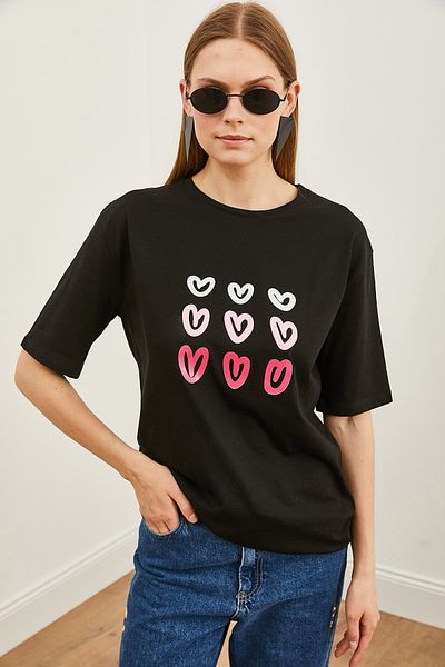 Olalook Tricou tricotat cu imprimeu inimă neagră pentru femei TSH-19000811