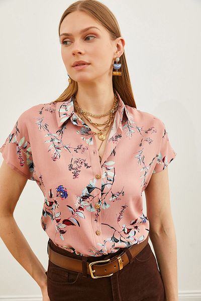 Olalook Gewebtes Hemd mit getrockneter Rose, Vogel und Fledermaus für Damen GML-19000576