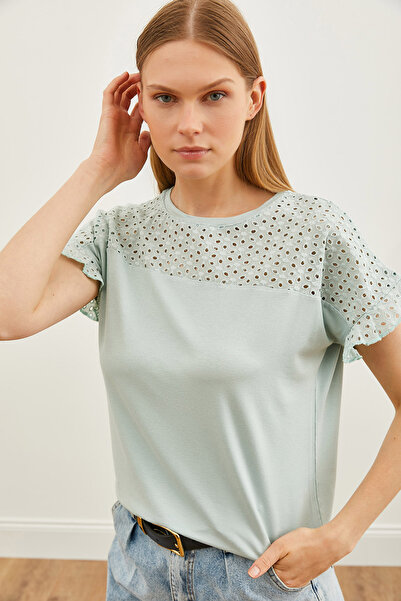 Olalook Γυναικείο Μπλουζάκι Νερό Πράσινο Μπλουζάκι με μανίκια από χτένι BLZ-19000979