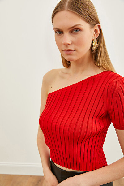 Olalook Women's Red Single Shoulder Thick Corded Short Sleeve Knitwear Blouse BLZ-19002623