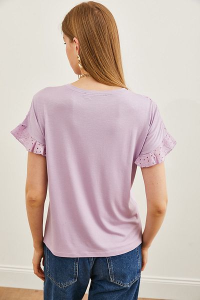 Olalook Tricou cu volan cu mânecă festonată pentru femei liliac BLZ-19000979