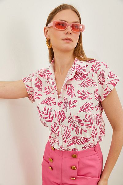 Olalook Women's Leaf Fuchsia Patterned Linen Bat Shirt GML-19001205