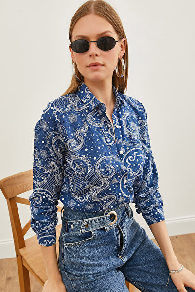 Olalook Dámská šátek námořnická modrá vzorovaná tkaná viskózová košile GML-19001204