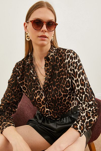 Olalook Dámská leopardí hořká káva se vzorem tkaná viskózová košile GML-19001204