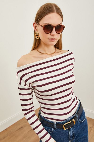 Olalook Γυναικεία ριγέ δαμάσκηνο Premium Soft Touch Boat Neck Stretchy Μπλούζα BLZ-19002448