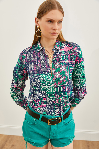 Olalook قميص فيسكوز منسوج منقوش باللون الأخضر للنساء GML-19001204