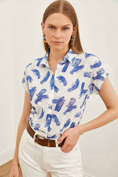 Olalook Women's Brush Navy Blue Patterned Linen Bat Shirt GML-19001205