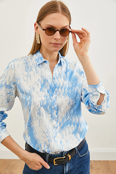 Olalook Női geometrikus kék mintás szőtt viszkóz ing GML- 19001204