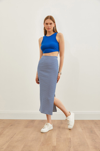 Olalook Γυναικεία Saks Blue Slit Ριγέ Lycra Midi Φούστα ETK-19000242