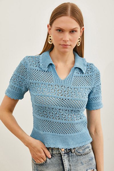 Olalook Γυναικεία πλεκτή μπλούζα Baby Blue Polo λαιμόκοψη κοντομάνικη μπλούζα BLZ-19002509