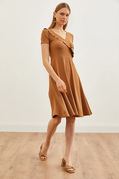 Olalook Women's Camel Double Breasted Collar Ruffle Detailed Mini Dress ELB-19002149