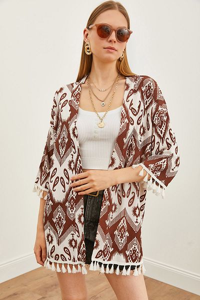 Olalook Lässiger Strickkimono mit Fransen im Ethno-Stil für Damen, braun KMN-00000056