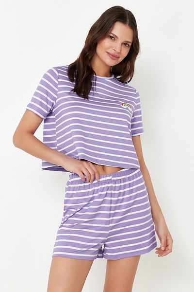 Trendyol Collection Set de pijamale tricotate cu imprimeu curcubeu liliac THMSS20PT0230
