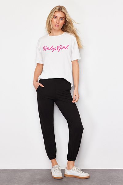 Trendyol Collection Slogan Printed Black Jogger T-shirt and Sweatpants Set - TWOSS24AU00125