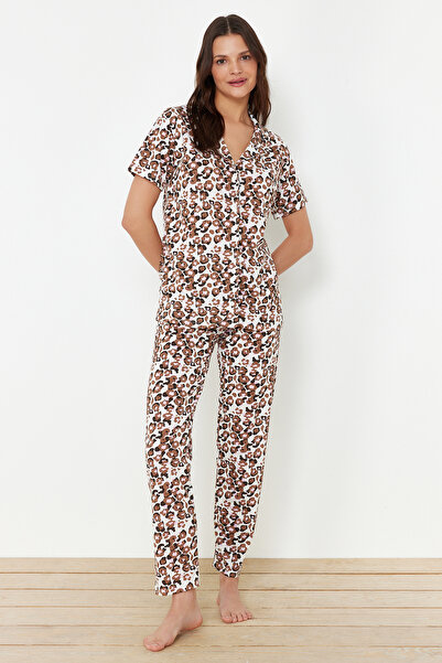 Trendyol Collection Multicolor Leopard Print Shirt Pants Knitted Pajamas Set Thmss24Pt00339