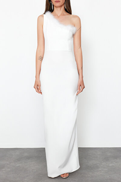 Trendyol Collection Λευκό Otrişli υφασμένο μακρύ βραδινό φόρεμα - TPRSS24AE00160 για γάμο/γάμο