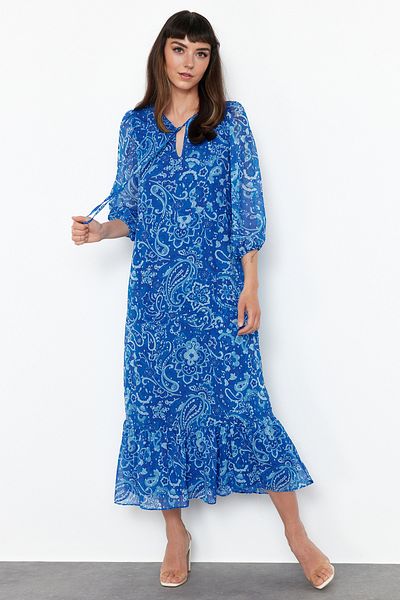 Trendyol Collection Navy Patterned Straight Cut Maxi Lined Chiffon Woven Dress TWOSS24EL00639