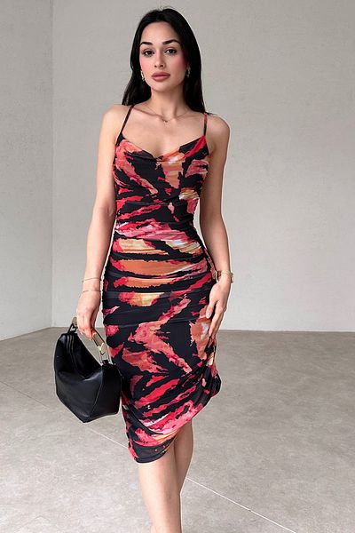 WOMAN VISION Rochie de damă, imprimată digitală, cu croială asimetrică, țesătură elastică, guler Degaje 096