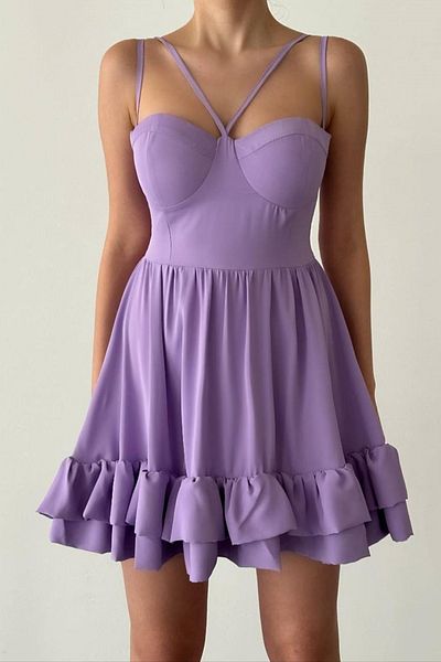 bayansepeti Rochie mini evazată cu curea ajustabilă din țesătură Atlas liliac, cu design cu volane, cu fustă pentru piept 098