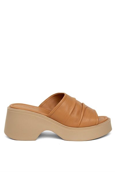Ayakkabı Fuarı Zeyn 7841C Women's Genuine Leather Wedge Heel Slippers Tan